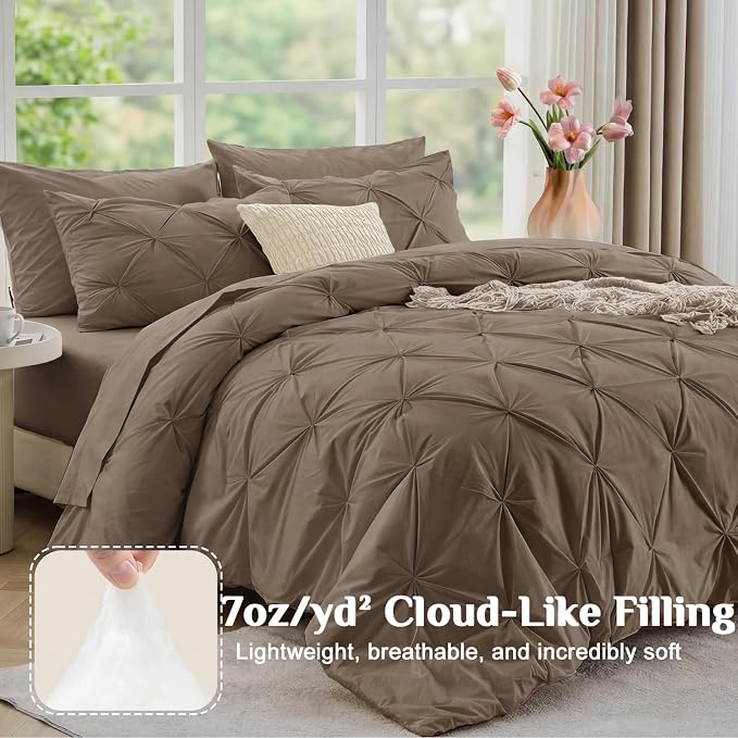 JOLLYVOGUE Queen Comforter Set 7 Pieces - Bed in a Bag Queen for All Season, Pintuck Bedding Comforter Sets with Comforter, Flat Sheet, Fitted Sheet and Pillowcases & Shams, Brown