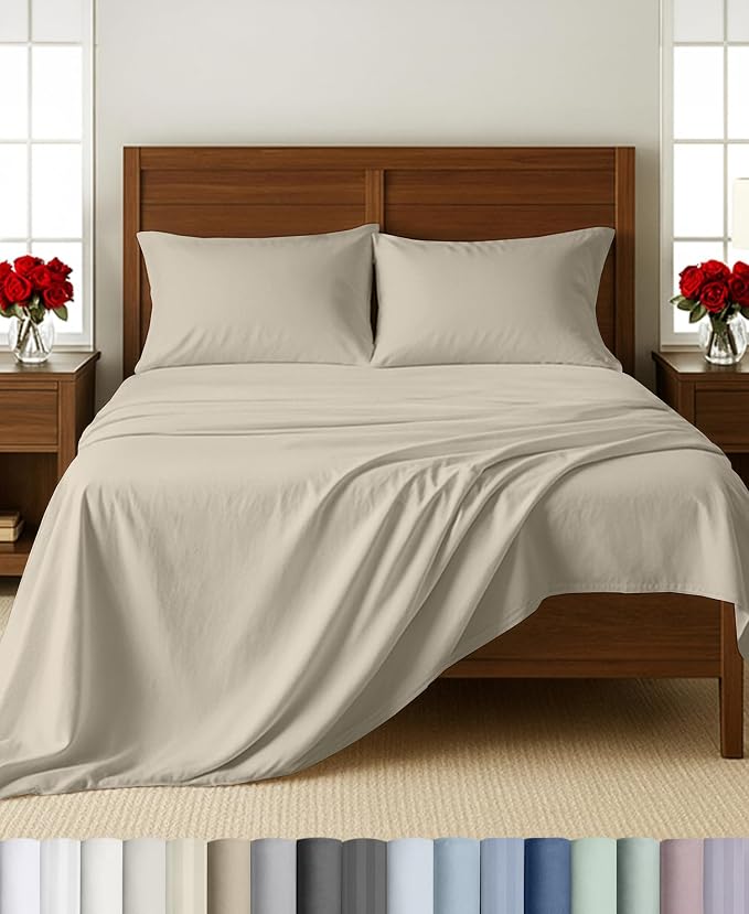 California Design Den 100% Cotton Sateen Twin Size Sheets, 3 Pcs Set, Beige | Soft 500 Thread Count Backed by Good Housekeeping Seal, All-Around Elastic, Durable, Easy Care, OEKO-TEX certified