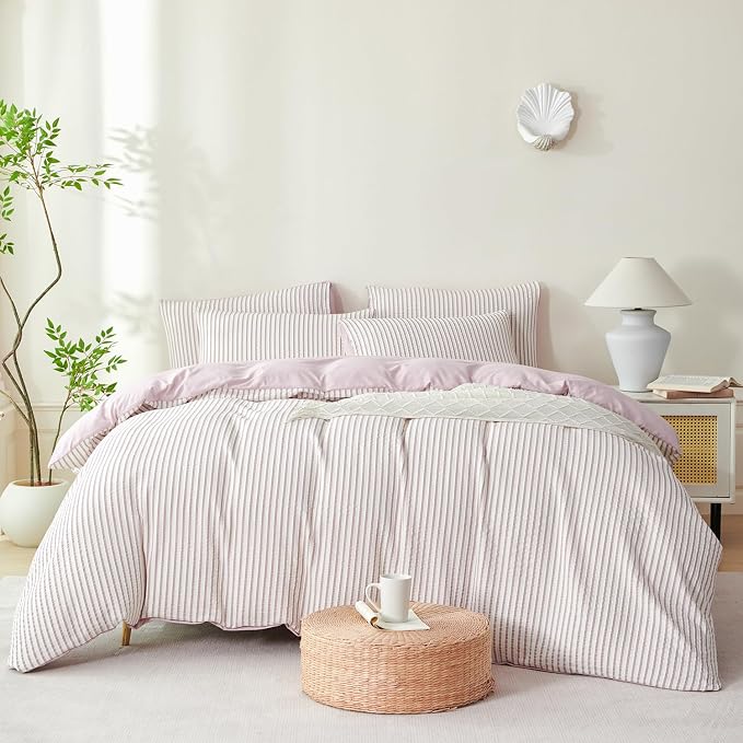 King Size Comforter Set Striped Light Purple Soft Luxury Washed Microfiber Jacquard 3 Pieces Bedding Purple Vertical Ticking Stripes Comforter with 2 Pillowcases Breathable Durable Comfy
