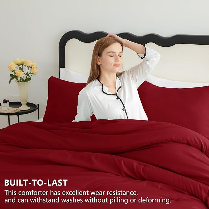 California King Comforter Set, 3 Pieces Dark Red Quilted Bedding | 270 GSM Down Alternative Fill, 4 Corner Ties for Duvet Insert Use, All Season, OEKO-TEX Certified, 2 Pillowcases, 104 x 96 in