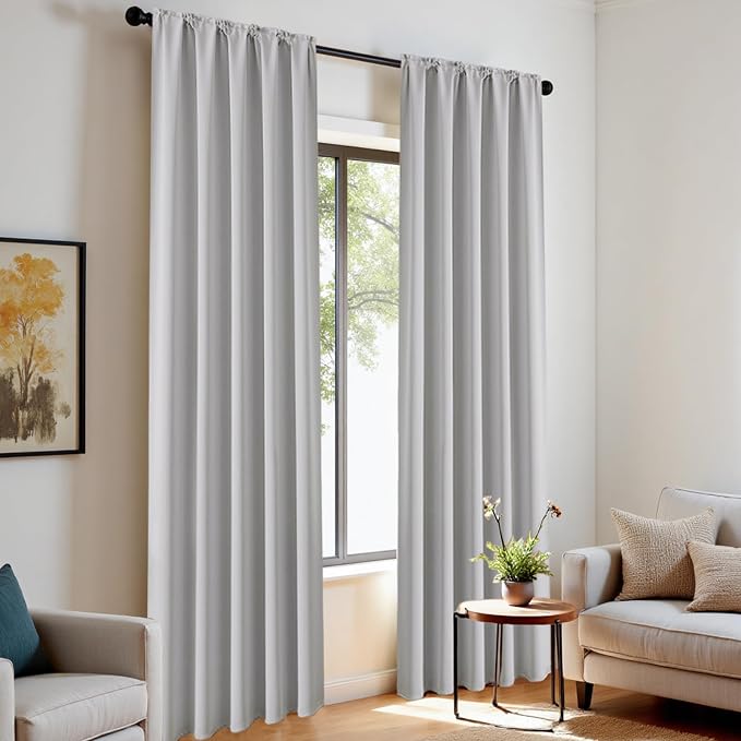 CUCRAF Grayish White Blackout Curtains 63 inch Length 2 Panels Set, Rod Pocket Room Darkening Drapes for Bedroom Living Room, Insulated Thermal Light Blocking Window Curtain (W52 x L63 Inch)