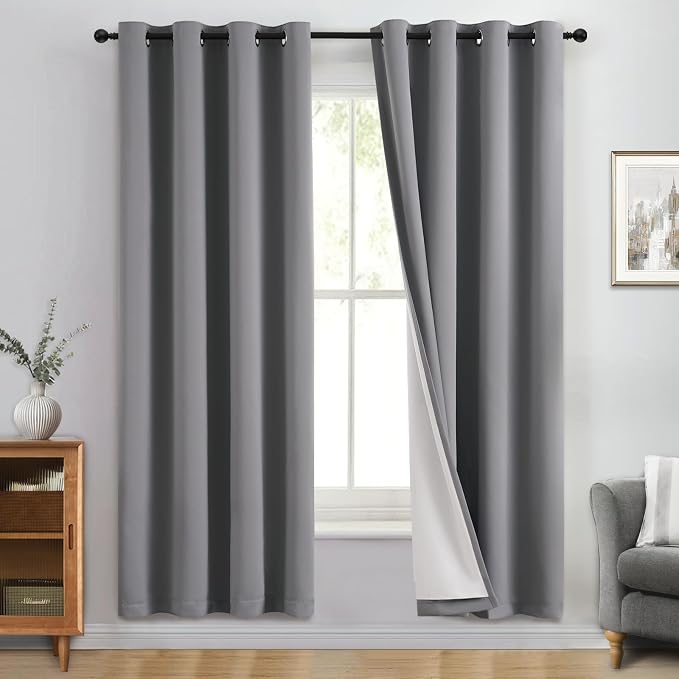 Yakamok Grey 100% Blackout Curtain Panels 72 inches, 50" Wide, 2 Panels | Blackout Curtain Panels for Bedroom, 2 Thick Layers Grommet Top Thermal Insulated Drapes with White Back for Living Room