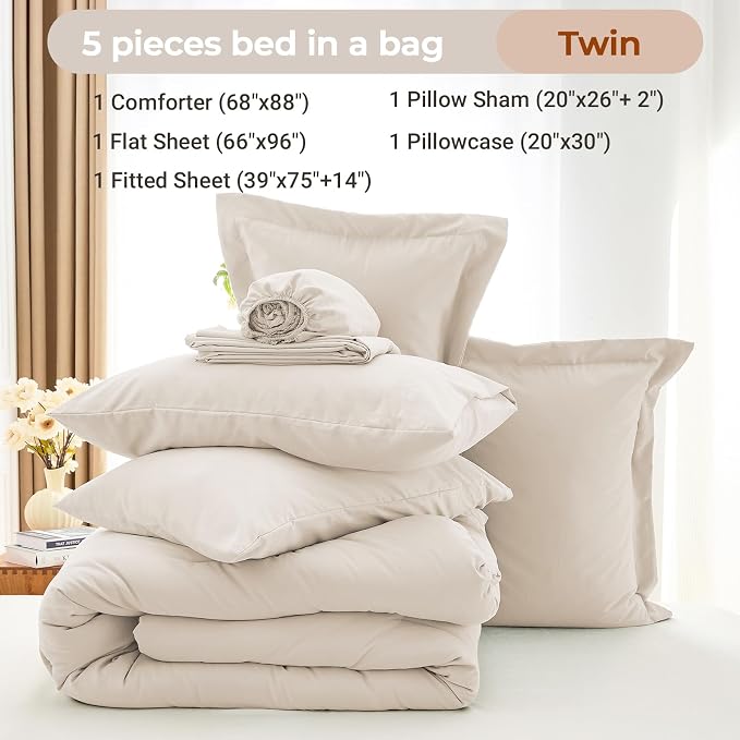 5 Pieces Twin Comforter Set, Soft Bed in a Bag Twin Size, All Season Bedding Set with Comforter, Flat Sheet, Fitted Sheet, Pillowcases & Shams, Beige