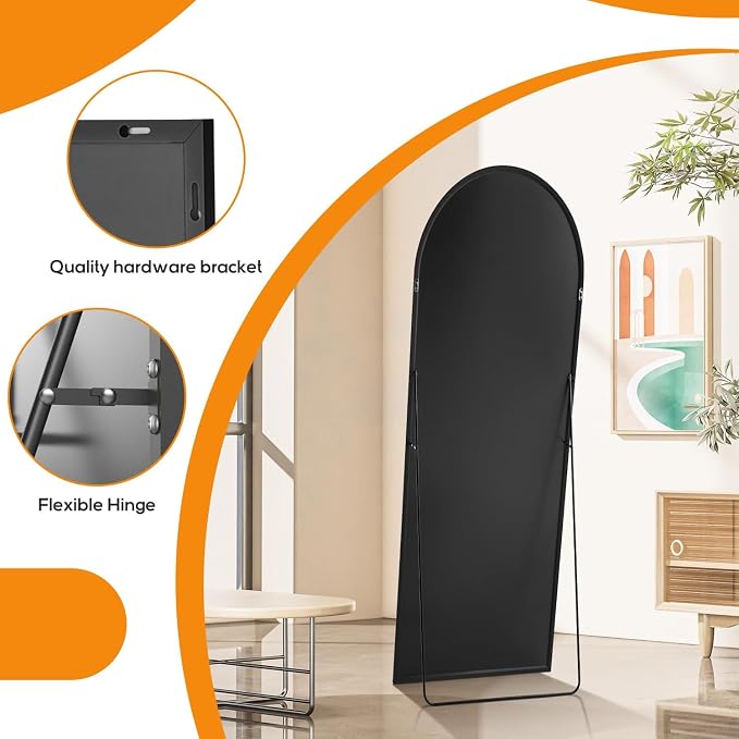 21"x64" Arched Mirror Full Length, Upgraded Body Wall Mirrors | Shatter-Proof Glass, Floor Standing, Hanging or Leaning, Tall Mirror with Stand Aluminum Alloy Frame for Bedroom, Black