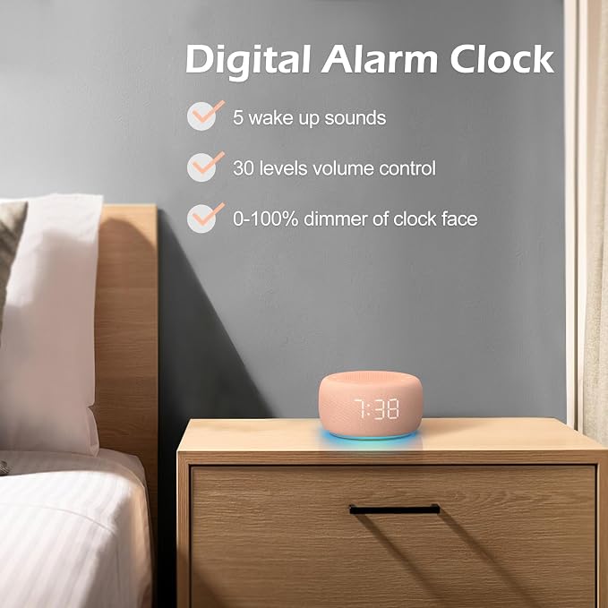 Buffbee Sound Machine & Alarm Clock 2-in-1, Bedroom Sleep Clock, Peach | 0-100% Clock Face Brightness, Bottom Colored Light, Sleep Timer, Precise 30-Level Volume White Noise Machine