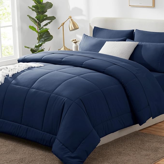 Queen Comforter Set Navy Blue - 7 Pieces Bed in a Bag | OEKO-TEX Certified, All-Season, Bedroom, Guest Room, Down-Alternative Comforter + Flat & Fitted Sheets + 4 Pillowcases