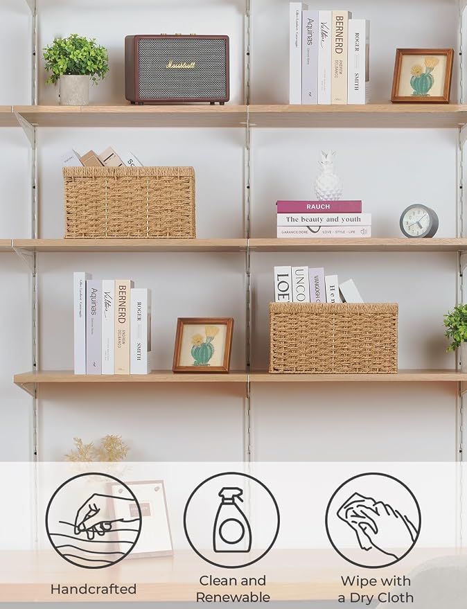 StorageWorks Wicker Storage Baskets for Shelves, Paper Rope Basket, 2-Pack | Rectangular Wicker Storage Baskets, Wicker Basket with Handles, Pantry Organizer and Storage, Woven Baskets,13"L x 8¼"W x 7"H