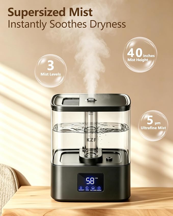 KZF 6L Top Fill Humidifiers for Bedroom & 60H Runtime - Cool Mist Humidifier, 3 Mist Levels, 8H Timer, Essential Oil Tray, Humidity Display, Quiet for Bedroom, Baby, Plants, Large Room (Black, 6L)