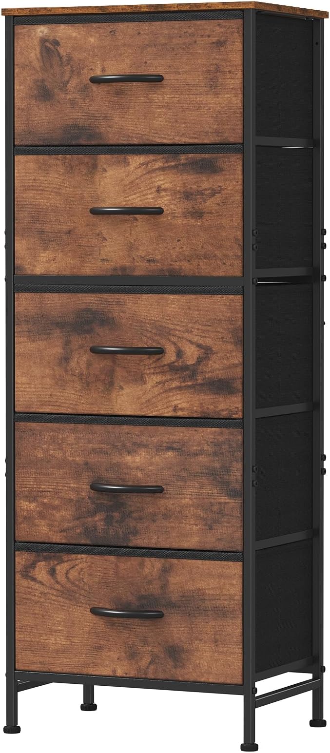 DUMOS Nightstand with 5 Fabric Drawers, Skinny Dresser | Night Stand Bedside Table, Removable Bins, Sturdy Steel Frame Wood Top, Storage Tower for Bedroom Closet, Rustic Brown