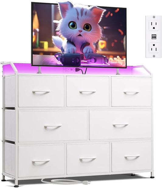 WLIVE Dresser for Bedroom, 8 Drawer LED Dresser with Outlet, White | 8 roomy fabric drawers, LED ambient lighting, Built-in power outlet, Bedroom or living room, Chest of drawers