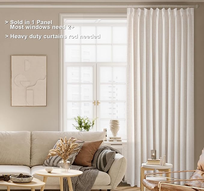 Vision Home Natural Pinch Pleated Full Blackout Curtains Linen Blended Room Darkening Window Curtains 108 inch for Living Room Bedroom Thermal Insulated Pinch Pleat Drapes with Hooks 60" Wx108 Lx1