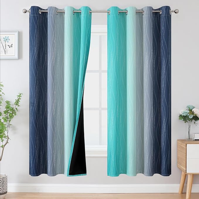 Navy Blue and Teal Gradient Blackout Curtains for Living Room 72 Inch Long | Estelar Textiler Ombre Curtains for Bedroom,Room Darkening Thermal Insulated Energy Saving Grommet Drapes,52Wx72L,2 Panels