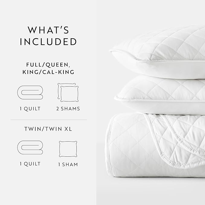 Merit Linens Modern Quilt Coverlet Soft Set in Diamond Stitching - Full/Queen White