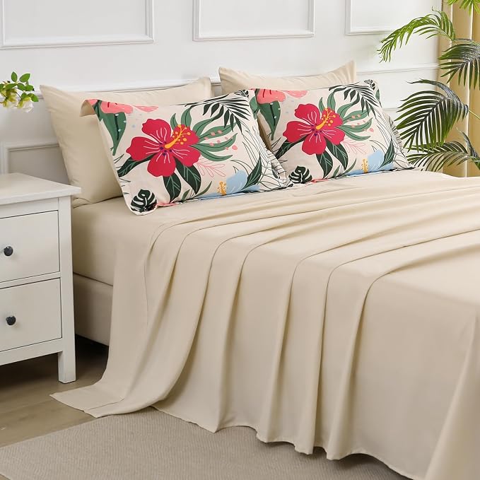 Yogeneg 7 Piece Bed in a Bag Queen Size Comforter Set Beige Bedding Set,Pink Floral Green Leaves Pattern Reversible Design,Soft Microfiber Comforter with Sheet Set,All Season(Beige,Queen)