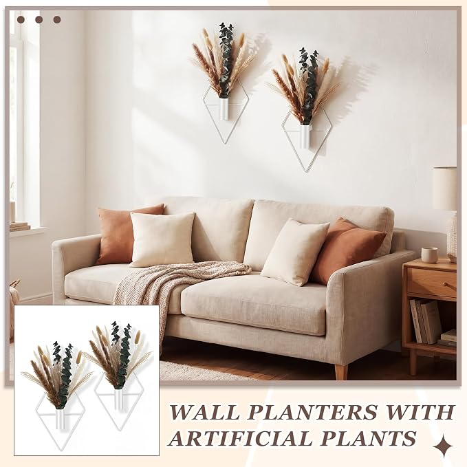 Jexine 8 Pcs Hanging Planters with Artificial Pampas Metal Hanging Vase Indoor Plants Holder Modern Geometric Boho Bathroom Wall Decor for Living Room Home Office(White)