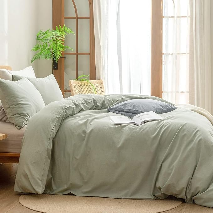 BESTOUCH Cotton Solid Duvet Cover Set Linen Feel Sage Green Alaska King | 100% Washed Cotton, Soft Wrinkle Texture, Hidden Zipper, 8 Ties, Breathable Lightweight Durable Comfy, 3 Pcs No Insert