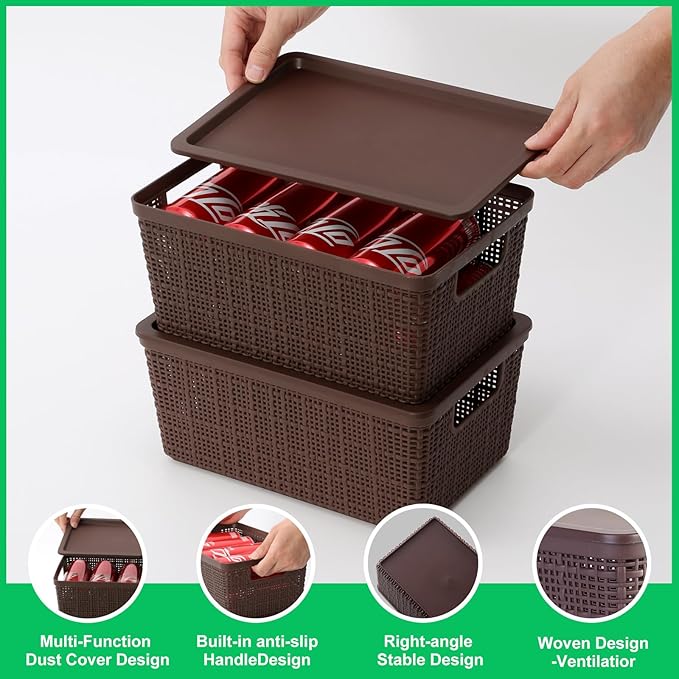 6 Pack Plastic Storage Baskets with Lid,Brown Stackable Bins | Durable Woven Plastic With handle Breathable,Save space ,For Organizing Desktops, Closets, Playrooms, Classrooms, Offices