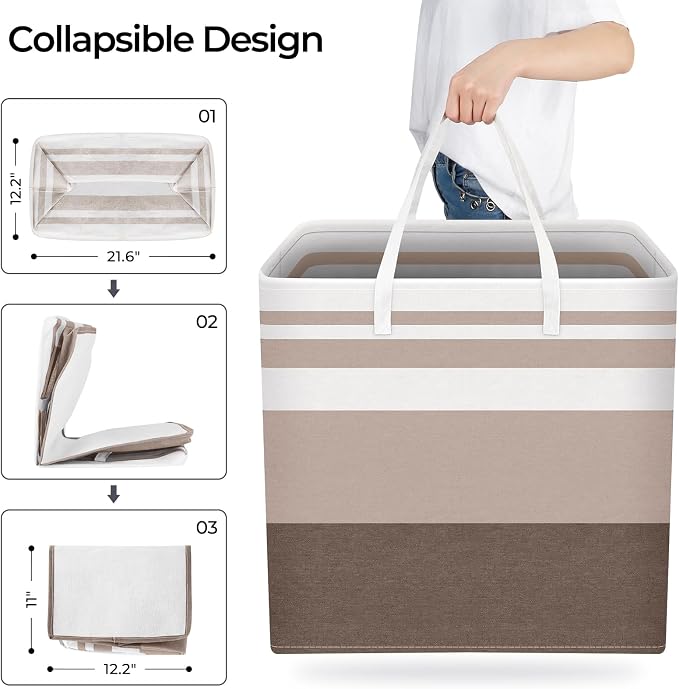 HomeHacks 2 Pack Large Laundry Baskets, Laundry Hampers Bags (Khaki 100Lx2) | Waterproof, Freestanding, Collapsible Clothes Hamper with Reinforced Handles in Laundry Room, Dorm, Bathroom, Bedroom