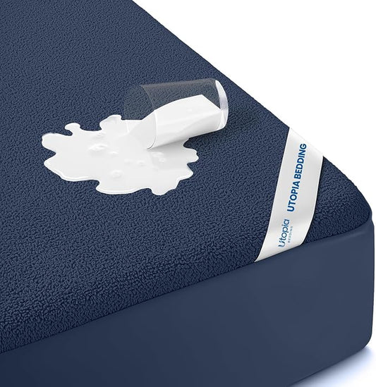 Waterproof Queen Size Mattress Protector fits Upto 17" deep Mattresses | Utopia Bedding 200 GSM Soft & Breathable Mattress Cover, Dirt-Proof, Noiseless, Machine Washable Fitted Sheet Style, Navy