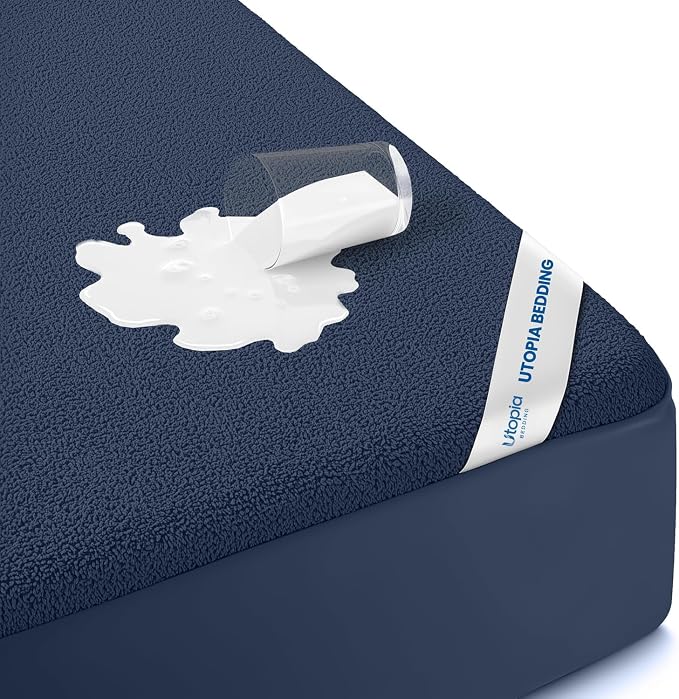 Waterproof Full Size Mattress Protector fits Upto 15" deep Mattresses | Utopia Bedding 200 GSM Soft & Breathable Mattress Cover, Dirt-Proof, Noiseless, Machine Washable Fitted Sheet Style, Navy