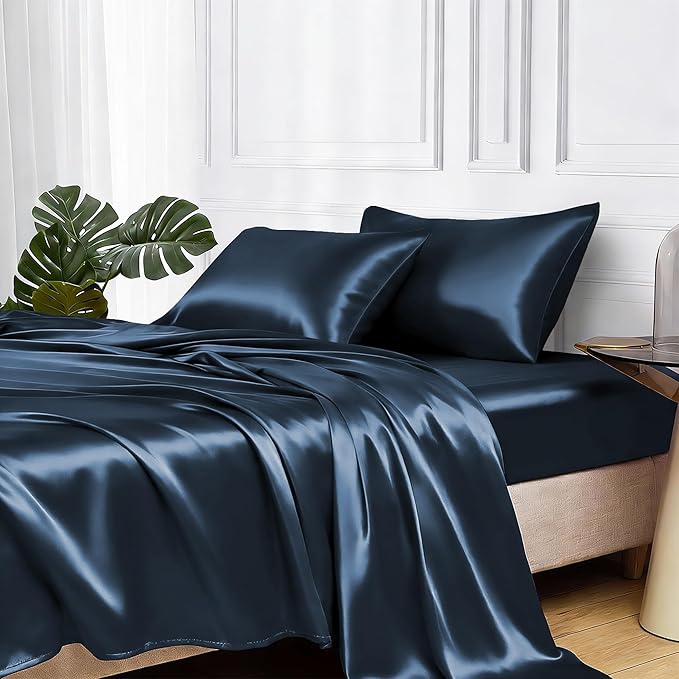 MR&HM Satin Sheets Full Size with Elastic Corner Straps, Mood Indigo | Similar to Silk, 4-Piece Silky Soft Bed Sheet Set, Gentle on Skin and Hair, 15" Deep Pocket, Cooling & Breathable