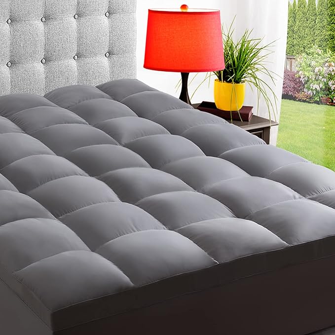 ELEMUSE Cal King Grey Mattress Topper, Thick Pillow Top Mattress Pad Cover | Plush soft breathable bed topper for back pain relief, with elastic deep pocket and overfilled down alternative filling