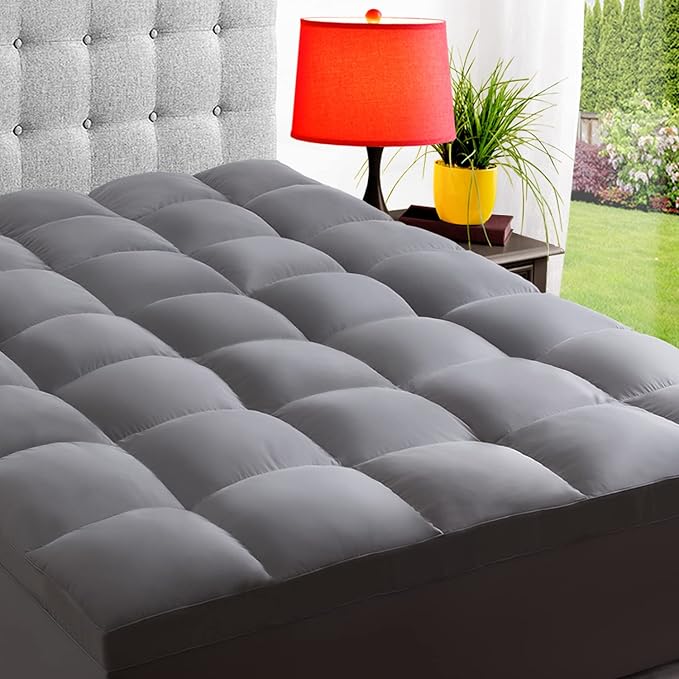 ELEMUSE Queen Grey Mattress Topper, Thick Pillow Top Mattress Pad Cover | Plush soft breathable bed topper for back pain relief, with elastic deep pocket and overfilled down alternative filling