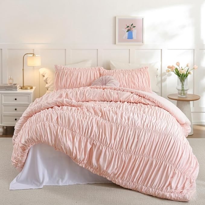 weigelia Blush Pink Ruched Comforter Set Queen Size, Cute Girls Bedding Set | All Season, Soft Microfiber Comforter, Cozy Cinched Design for Home & Bedroom Decor (1 Comforter,2 Pillowcases)
