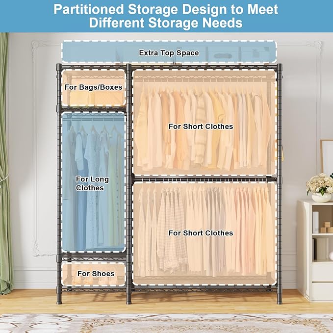 Ulif F7 Clothes Rack Heavy Duty, Clothing Racks for Hanging Clothes, Black | Garment Rack with Shelves, 6-Tiers Freestanding Portable Closet Storage Racks 58'' W × 14.6'' D × 76.6'' H, Max Load 800 Lbs