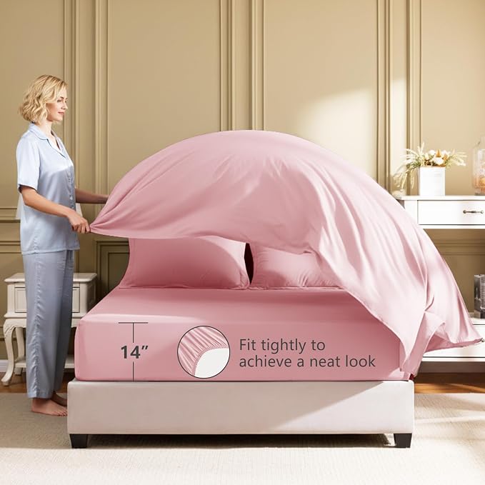 HIMEET King Comforter Set, 7-Piece Point-Quilted Bed in a Bag, Pink | OEKO-TEX Certified, Lightweight 240 GSM Comforter, Flat Sheet, 14-Inch Deep-Pocket Fitted Sheet, Pillowcases & Shams