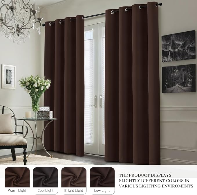 Yakamok Brown 100% Blackout Curtain Panels 63 inches, 50" Wide, 2 Panels | Blackout Curtain Panels for Bedroom, 2 Thick Layers Grommet Top Thermal Insulated Drapes with White Back for Living Room