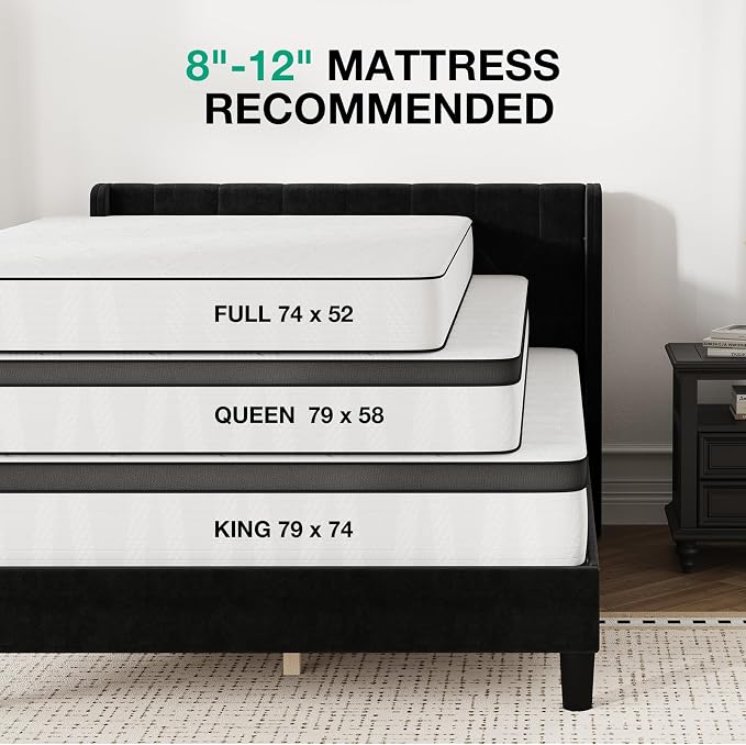 Novilla King Size Bed Frame, King Bed Frame and Headboard, Velvet Upholstered Pull-Point Wingback Headboard, No Box Spring Needed, Heavy Duty Feet, Easy Assembly, Black Velvet