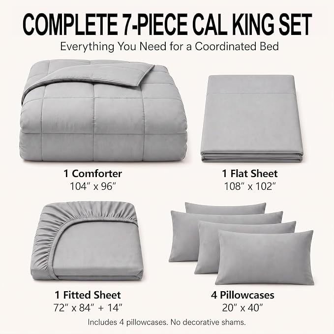 California King Comforter Set French Grey - 7 Pieces Bed in a Bag | OEKO-TEX Certified, All-Season, Bedroom, Guest Room, Down-Alternative Comforter + Flat & Fitted Sheets + 4 Pillowcases