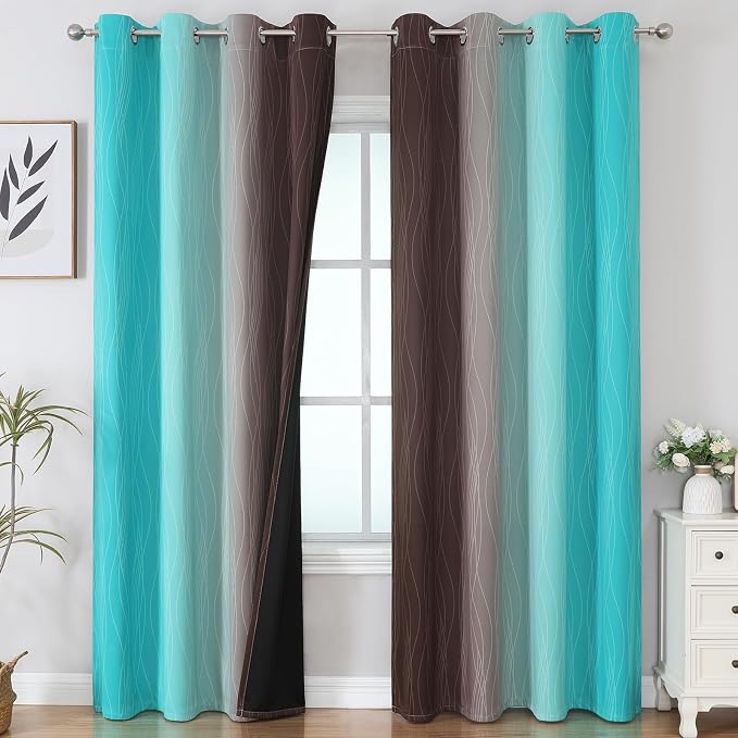 Brown and Teal Ombre Blackout Curtains for Bedroom 90 Inch | Light Blocking Gradient Curtains for Living Room,Thermal Insulated,Room Darkening Grommet Window Drapes,52Wx90L,2 Panels Set