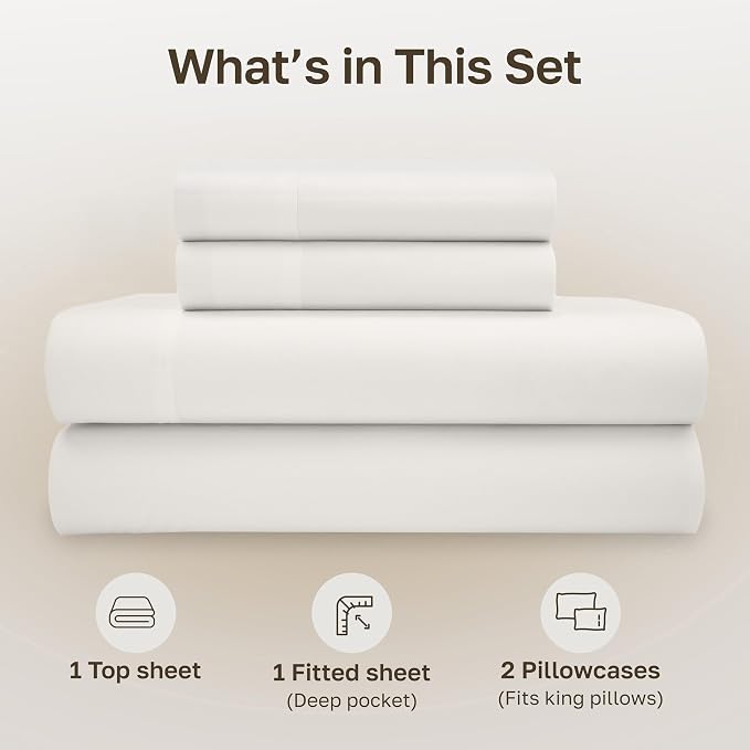 California Design Den 100% Organic Cotton King Sheets, 4 Pcs, True Ivory | GOTS Certified, Lightweight Crisp & Airy Percale For Hot Sleepers, 15" Deep Pocket Set, All-around Elastic, Easy Care