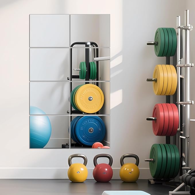Full Length Mirror Tiles, 12" x 10" x 8PCS Frameless Wall Mounted Mirror | Square Large Wall Mirror Tiles for Home Gym, Bedroom, Door, Bathroom, Frameless Mirror Sets