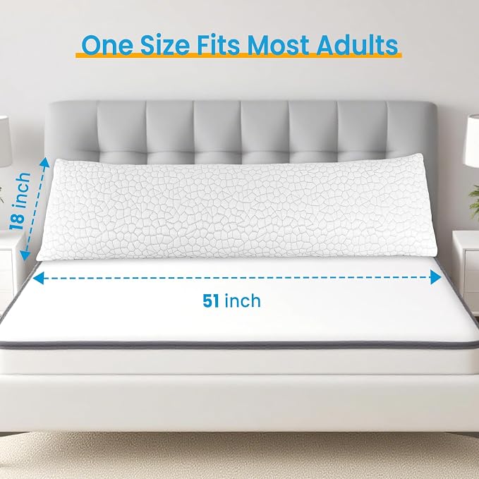 QUTOOL Cooling Pillow for Sleeping, CertiPUR-US Shredded Memory Foam Full Body Pillow Set of 1, Long Pillow for Bed with Removable Double-Sided Soft & Cool Cover, Soft Yet Support,White