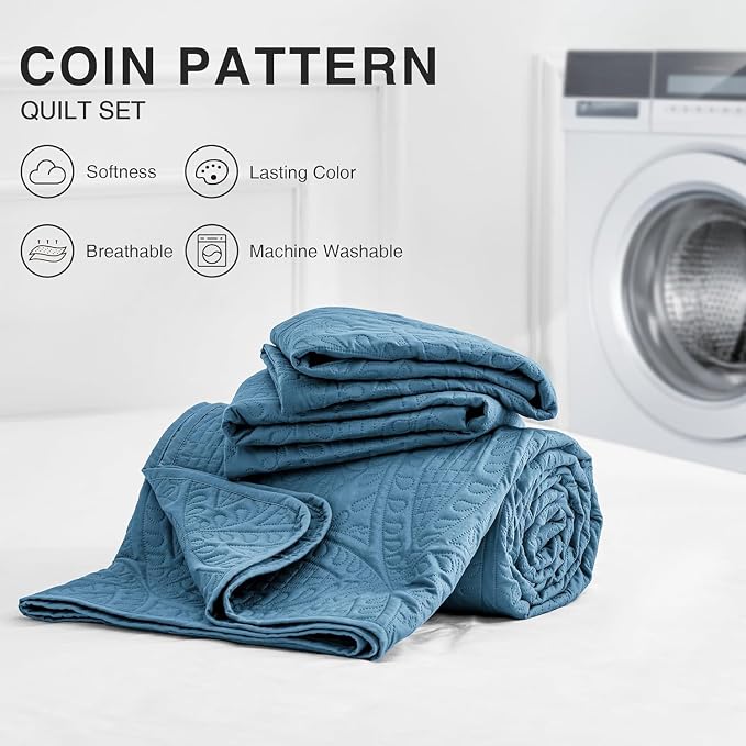 Love's cabin Quilts for Queen Bed Misty Blue Bedspreads Bedding Set - Lightweight Bedspread Comforter - Coin Pattern Bedding Coverlet for All Season - 3 Pieces (1 Quilt, 2 Pillow Shams)