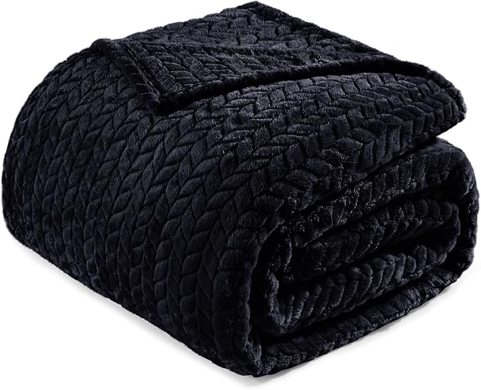 Exclusivo Mezcla Soft Fleece Bed Blanket Twin Size, 60”x80”, Black | Cozy Fluffy Lightweight Blankets for Summer, Decorative Plush Flannel Throws for Living Room, Bedroom with Leaves Pattern