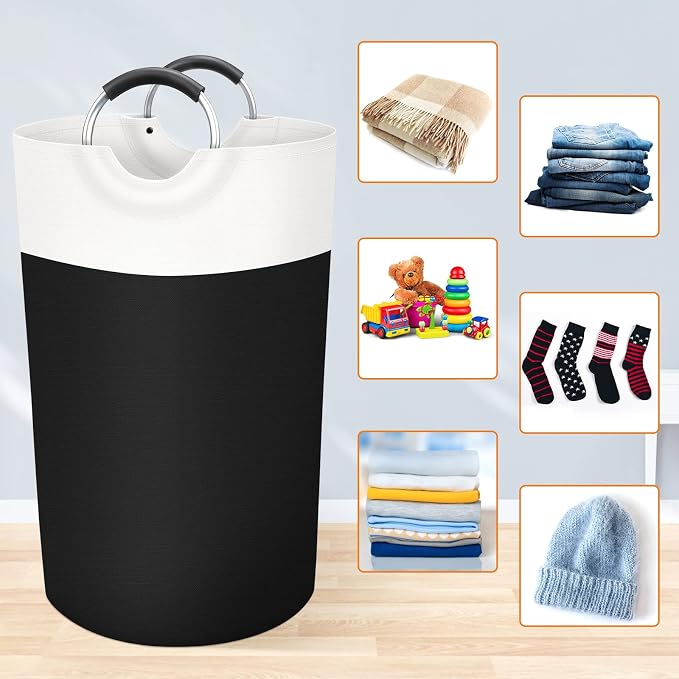 BlissTotes 90L Laundry Basket, Freestanding Collapsible Hamper, Black | Collapsible Dirty Clothes Hamper, Foldable Laundry Bag for Dorm, Waterproof Fabric, Padded Aluminum Handles