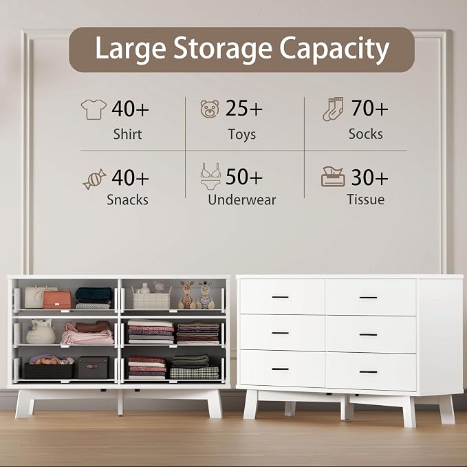 Xixini Dresser for Bedroom, 6 Drawer Wide Modern Chest of Drawers with X-Shaped Sturdy Base, Wood Double Dresser Closet Clothes Storage Organizer, Wooden TV Stand for Living Room, Hallway, White