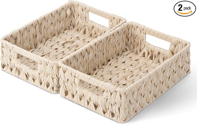 GRANNY SAYS Wicker Baskets for Organizing, Shallow Storage Bins, 2-Pack | Waterproof Wicker Baskets with Handles, Wicker Storage Baskets for Shelves, Woven Baskets for Storage,Living Room,Butter Milk