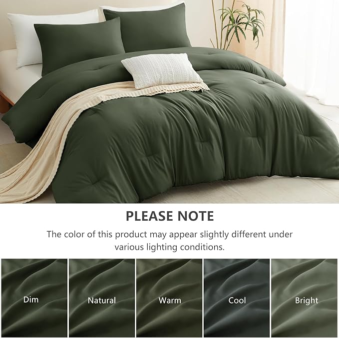 Queen Comforter Set, 3 Pieces Down Alternative Bedding, Dark Green | 270 GSM All Season Comforter with 4 Corner Ties for Use as a Duvet Insert, OEKO-TEX Certified, 2 Pillowcases, 88 x 88 in