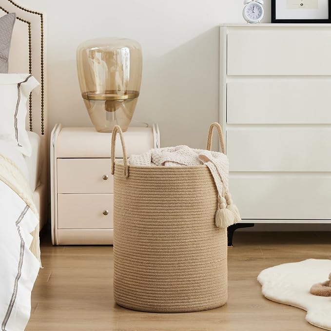 Woven Rope Laundry Hamper Basket by YOUDENOVA, 72L Tall Luandry Basket, Baby Nursery Hamper for Blanket Storage in Bedroom-Large-Jute | Large Laundry Hamper with Sturdy Handles, Collapsible Home Decor Laundry Basket for Laundry, Clothes, Toys in Bedroom
