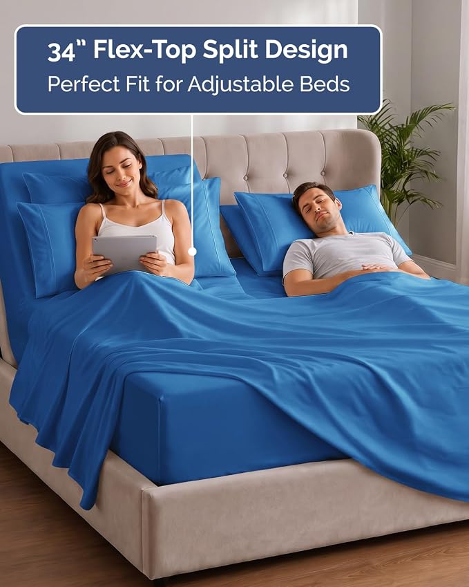 Extra Deep Flex Top Split Head King Sheet Set - 6 Piece Breathable and Cooling Sheets - Hotel Luxury Bedding for Women, Men, Kids & Teens - Easy Secure Fit - Extra Deep Pockets - Royal Blue