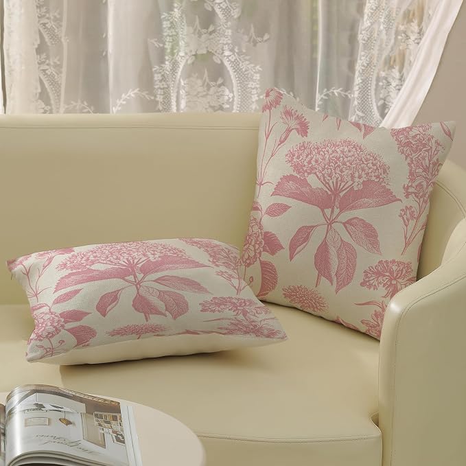 Pink Pillow Covers 20x20 Inch 2 Pcs Boho Vintage Floral Decor Throw Pillows Hydrangea Flower Seasonal Outdoor Farmhouse Neutral Accent Decoration Pillowcase Linen Cushion Cover for Sofa