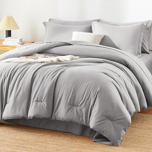 HIMEET Queen Comforter Set, 7-Piece Point-Quilted Bed in a Bag French Grey | OEKO-TEX Certified, Lightweight 240 GSM Comforter, Flat Sheet, 14-Inch Deep-Pocket Fitted Sheet, Pillowcases & Shams
