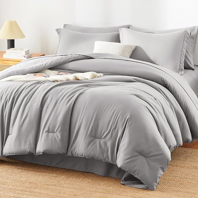 HIMEET King Comforter Set, 7-Piece Point-Quilted Bed in a Bag, French Grey | OEKO-TEX Certified, Lightweight 240 GSM Comforter, Flat Sheet, 14-Inch Deep-Pocket Fitted Sheet, Pillowcases & Shams