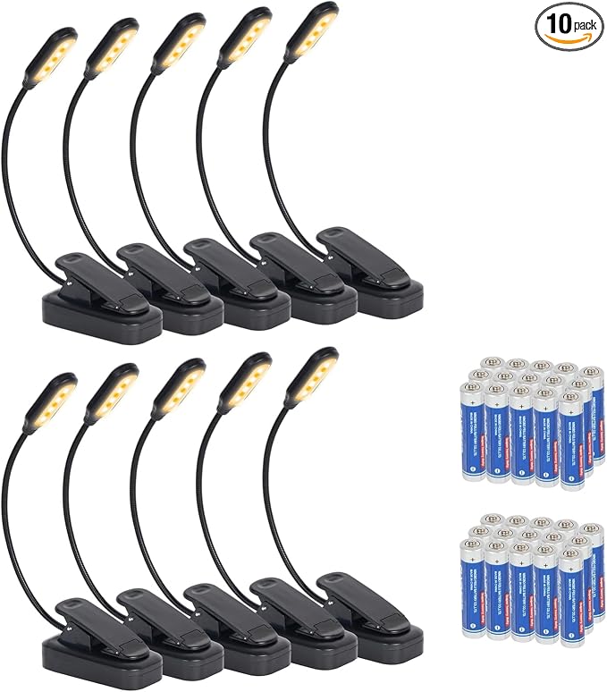 10 Pack Book Lights, Reading Lights for Books in Bed-Eye Caring 3 Colors, Stepless Dimming, 360° Flexible Studying Small Desk Lamp, Lightweight Clip-on LED Night Light for Book Lovers