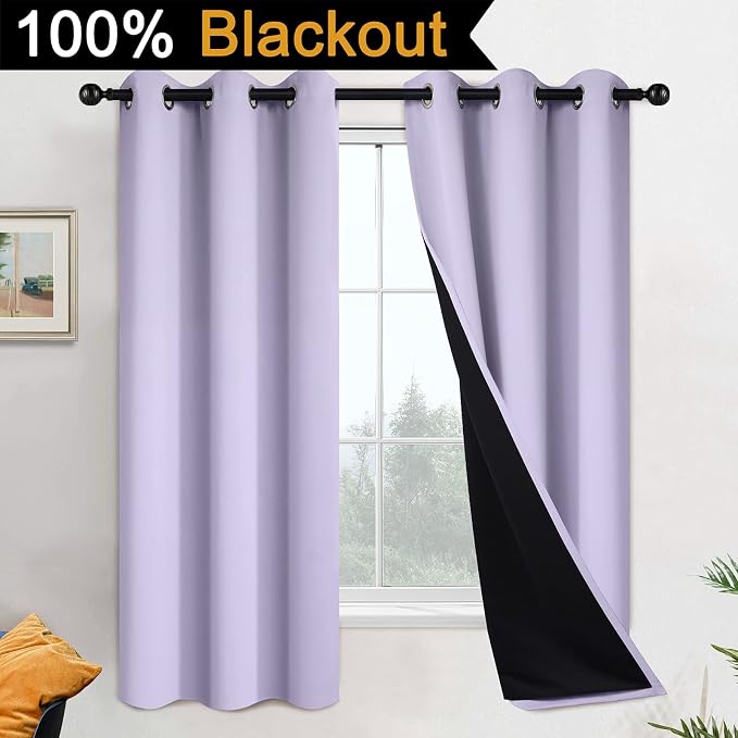 Yakamok Lilac 100% Blackout Curtains 63 Inches Long for Bedroom 42" Wide | Blackout Curtain Panels for Bedroom, 2 Thick Layers Grommet Top Thermal Insulated Drapes with Black Liner for Living Room
